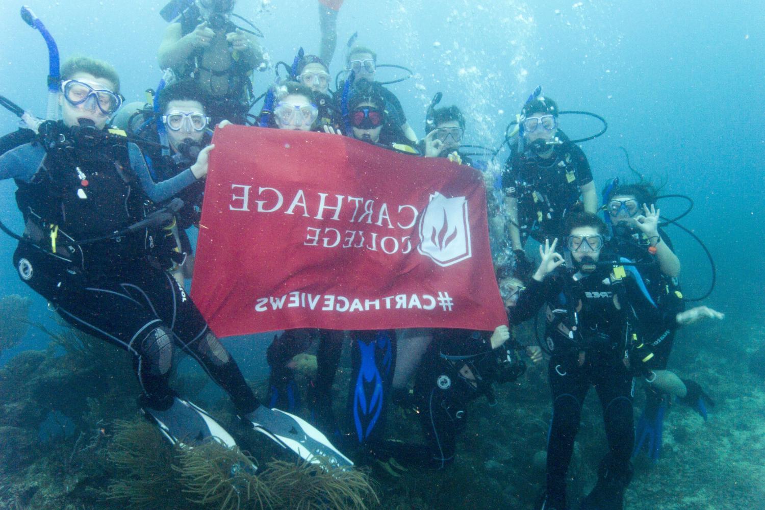 学生们手持<a href='http://dus.ngskmc-eis.net'>bv伟德ios下载</a>旗帜，在j学期洪都拉斯游学之旅中潜水.